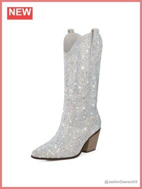 Rhinestone Mid Calf Western Boots Block Heel Pointed Toe Pull On